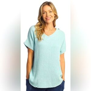 Jess & Jane Double Gauze V-Neck Short Sleeve Top Curved Hem Lagenlook,XL